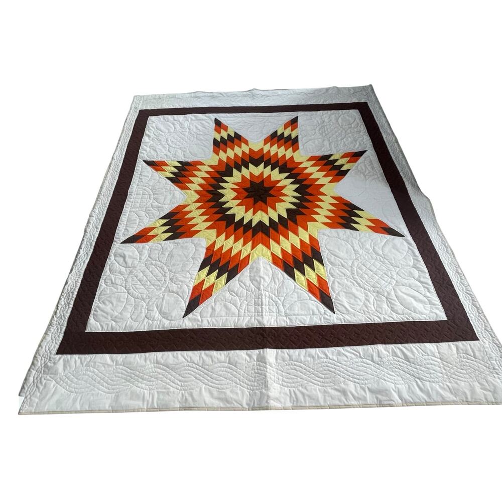 Vintage Handmade Harvest Lone Star Quilt Texas Orange Brown Fall Autumn *READ*